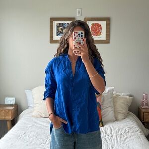 Zara Linen-Dyed Blue Oversized Button-Down Top